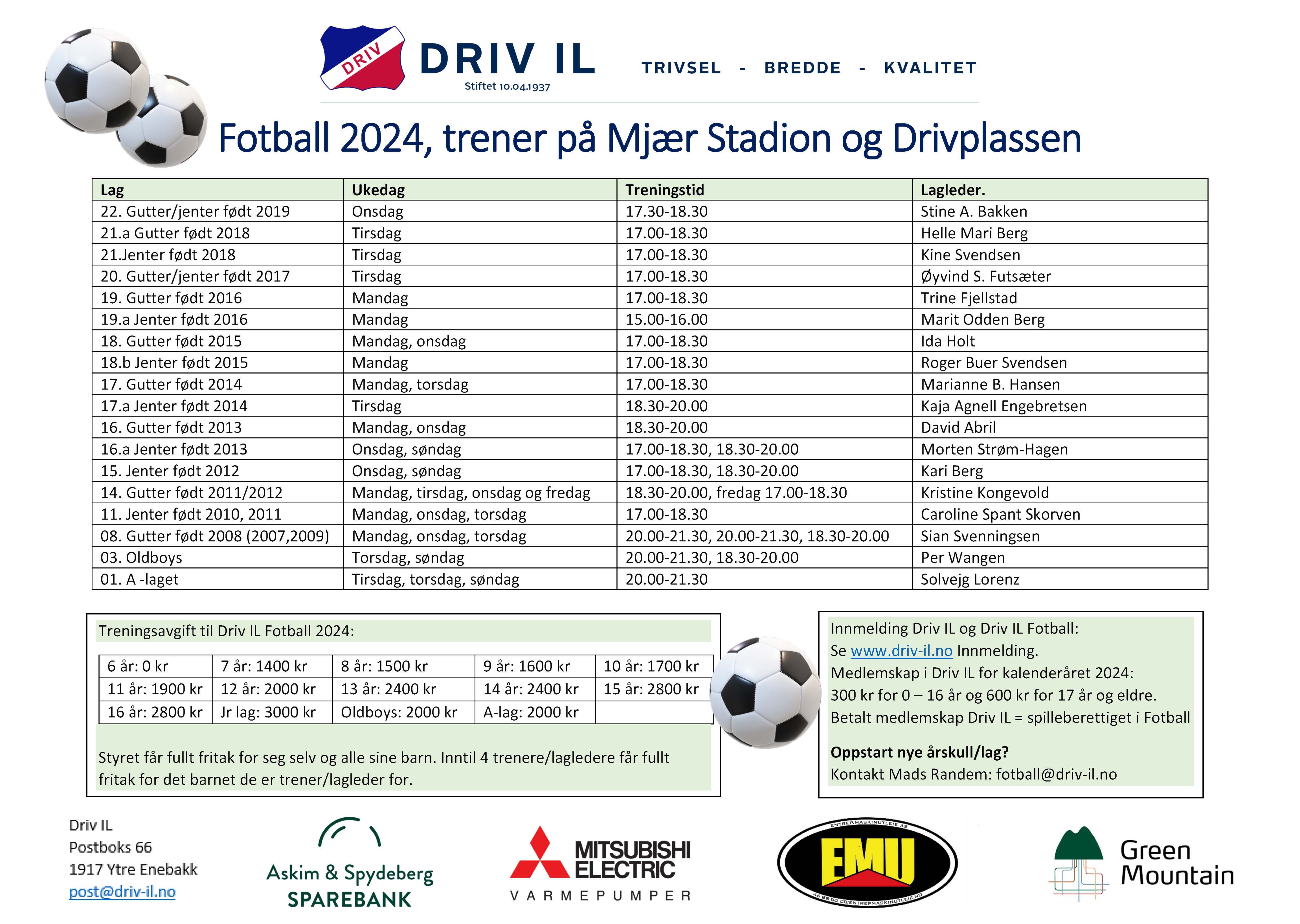 Oversikt lag og treningstider Fotball 2024
